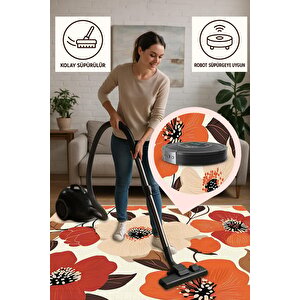 Krem Zeminli Kırmızı Ve Turuncu Çiçekli Halı – Yıkanabilir, Tüy Tutmaz, Pamuk Tabanlı, Evcil Hayvan Dostu 160x230 cm