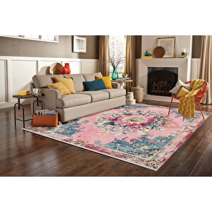 Pembe Çiçek Desenli Eskitme Halı – Romantik Ve Zarif Tonlar – Makinede Yıkanabilir, Tüy Tutmaz, Pamuk Dokuma Tabanlı