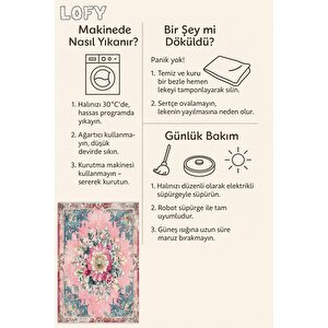 Pembe Çiçek Desenli Eskitme Halı – Romantik Ve Zarif Tonlar – Makinede Yıkanabilir, Tüy Tutmaz, Pamuk Dokuma Tabanlı