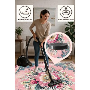 Pembe Çiçek Desenli Eskitme Halı – Romantik Ve Zarif Tonlar – Makinede Yıkanabilir, Tüy Tutmaz, Pamuk Dokuma Tabanlı