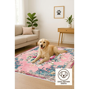 Pembe Çiçek Desenli Eskitme Halı – Romantik Ve Zarif Tonlar – Makinede Yıkanabilir, Tüy Tutmaz, Pamuk Dokuma Tabanlı