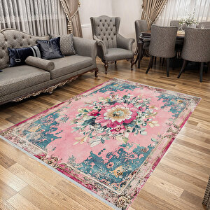 Pembe Çiçek Desenli Eskitme Halı – Romantik Ve Zarif Tonlar – Makinede Yıkanabilir, Tüy Tutmaz, Pamuk Dokuma Tabanlı 160x350 cm