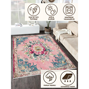 Pembe Çiçek Desenli Eskitme Halı – Romantik Ve Zarif Tonlar – Makinede Yıkanabilir, Tüy Tutmaz, Pamuk Dokuma Tabanlı 160x350 cm