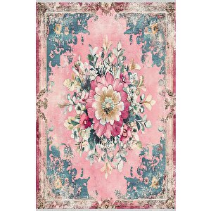 Pembe Çiçek Desenli Eskitme Halı – Romantik Ve Zarif Tonlar – Makinede Yıkanabilir, Tüy Tutmaz, Pamuk Dokuma Tabanlı 160x350 cm