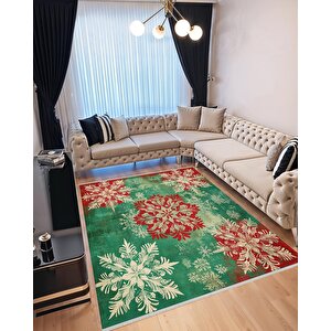 Kırmızı Ve Yeşil Kar Tanesi Desenli Halı – Makinede Yıkanabilir, Tüy Tutmaz, Pamuk Dokuma Tabanlı 150x150 cm