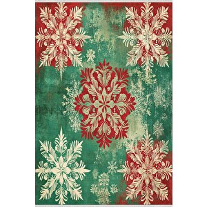 Kırmızı Ve Yeşil Kar Tanesi Desenli Halı – Makinede Yıkanabilir, Tüy Tutmaz, Pamuk Dokuma Tabanlı 150x150 cm