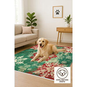 Kırmızı Ve Yeşil Kar Tanesi Desenli Halı – Makinede Yıkanabilir, Tüy Tutmaz, Pamuk Dokuma Tabanlı