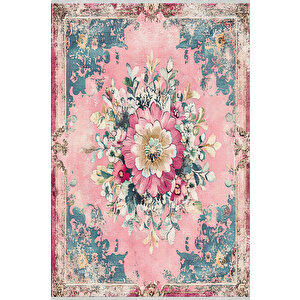Pembe Çiçek Desenli Eskitme Halı – Romantik Ve Zarif Tonlar – Makinede Yıkanabilir, Tüy Tutmaz, Pamuk Dokuma Tabanlı 200x220 cm