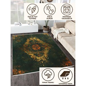 Zeytin Yeşili Ve Bakır Eskitme Halı – Kolay Temizlenir, Pamuk Taban, Makinede Yıkanabilir, Evcil Hayvan Dostu 150x150 cm
