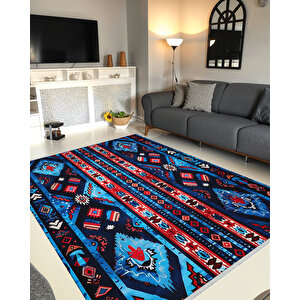 Mavi, Kırmızı Ve Siyah Renkli Etnik Halı – Cesur Tribal Desen – Yıkanabilir, Pamuk Dokuma, Evcil Hayvan Dostu 80x80 cm