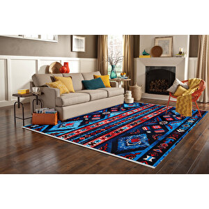 Mavi, Kırmızı Ve Siyah Renkli Etnik Halı – Cesur Tribal Desen – Yıkanabilir, Pamuk Dokuma, Evcil Hayvan Dostu 80x80 cm