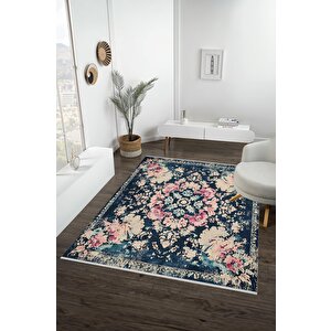 Lacivert Üzerine Pudra Çiçekli Klasik Halı – Makinede Yıkanabilir, Pamuk Tabanlı, Toz Tutmaz, Evcil Hayvan Dostu 180x270 cm