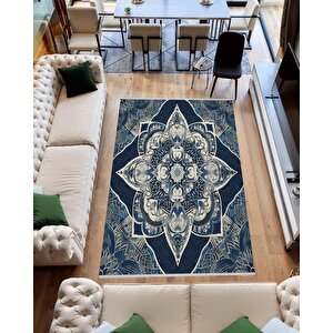 Orta Doğu Mandala Desenli Halı – Lacivert Üzerine Detaylı Desenler – Makinede Yıkanabilir, Tüy Tutmaz, Pamuk Dokuma Tabanlı 80x150 cm