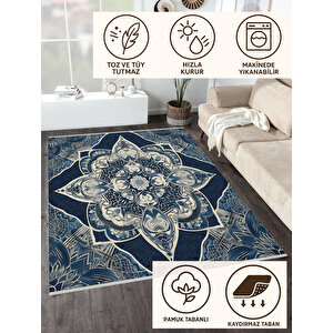 Orta Doğu Mandala Desenli Halı – Lacivert Üzerine Detaylı Desenler – Makinede Yıkanabilir, Tüy Tutmaz, Pamuk Dokuma Tabanlı 80x150 cm