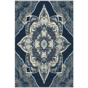 Orta Doğu Mandala Desenli Halı – Lacivert Üzerine Detaylı Desenler – Makinede Yıkanabilir, Tüy Tutmaz, Pamuk Dokuma Tabanlı 80x150 cm