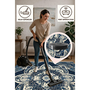 Orta Doğu Mandala Desenli Halı – Lacivert Üzerine Detaylı Desenler – Makinede Yıkanabilir, Tüy Tutmaz, Pamuk Dokuma Tabanlı