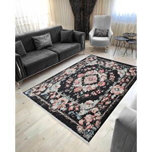 Siyah Zeminli Çiçekli Halı – Toz Tutmaz, Yıkanabilir, Pamuk Dokuma, Evcil Hayvan Dostu 200x350 cm
