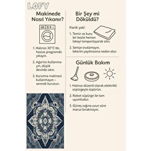 Orta Doğu Mandala Desenli Halı – Lacivert Üzerine Detaylı Desenler – Makinede Yıkanabilir, Tüy Tutmaz, Pamuk Dokuma Tabanlı