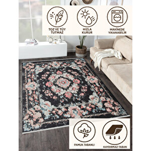 Siyah Zeminli Çiçekli Halı – Toz Tutmaz, Yıkanabilir, Pamuk Dokuma, Evcil Hayvan Dostu 180x270 cm