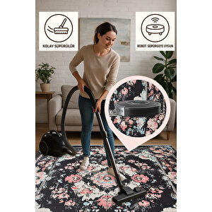 Siyah Zeminli Çiçekli Halı – Toz Tutmaz, Yıkanabilir, Pamuk Dokuma, Evcil Hayvan Dostu