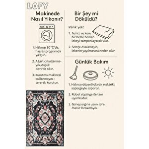 Siyah Zeminli Çiçekli Halı – Toz Tutmaz, Yıkanabilir, Pamuk Dokuma, Evcil Hayvan Dostu