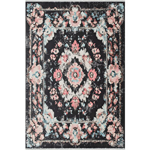 Siyah Zeminli Çiçekli Halı – Toz Tutmaz, Yıkanabilir, Pamuk Dokuma, Evcil Hayvan Dostu