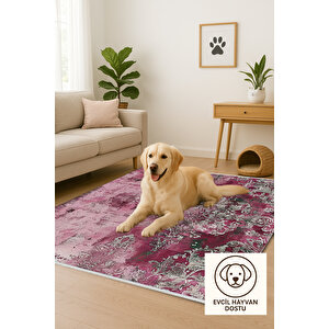 Vintage Gül Kurusu Halı – Eskitilmiş Barok Desen – Pamuk Taban, Makinede Yıkanabilir, Tüy Tutmaz