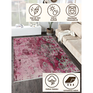 Vintage Gül Kurusu Halı – Eskitilmiş Barok Desen – Pamuk Taban, Makinede Yıkanabilir, Tüy Tutmaz