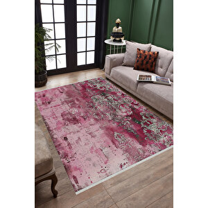 Vintage Gül Kurusu Halı – Eskitilmiş Barok Desen – Pamuk Taban, Makinede Yıkanabilir, Tüy Tutmaz