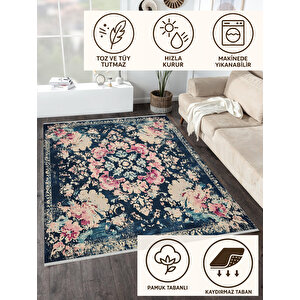 Lacivert Üzerine Pudra Çiçekli Klasik Halı – Makinede Yıkanabilir, Pamuk Tabanlı, Toz Tutmaz, Evcil Hayvan Dostu 80x80 cm