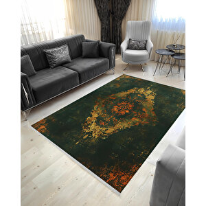 Zeytin Yeşili Ve Bakır Eskitme Halı – Kolay Temizlenir, Pamuk Taban, Makinede Yıkanabilir, Evcil Hayvan Dostu 150x300 cm