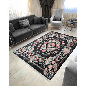 Siyah Zeminli Çiçekli Halı – Toz Tutmaz, Yıkanabilir, Pamuk Dokuma, Evcil Hayvan Dostu 80x150 cm