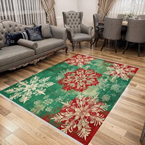 Kırmızı Ve Yeşil Kar Tanesi Desenli Halı – Makinede Yıkanabilir, Tüy Tutmaz, Pamuk Dokuma Tabanlı 200x350 cm