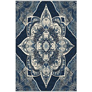 Orta Doğu Mandala Desenli Halı – Lacivert Üzerine Detaylı Desenler – Makinede Yıkanabilir, Tüy Tutmaz, Pamuk Dokuma Tabanlı 150x240 cm