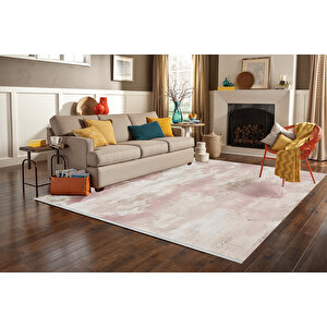 Pembe Ve Bej Renkli Eskitme Halı – Modern Ve Yumuşak Tonlarda Desen – Makinede Yıkanabilir, Pamuk Dokuma Taban, Evcil Hayvan Dostu, Kolay Temizlenebilir