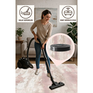 Pembe Ve Bej Renkli Eskitme Halı – Modern Ve Yumuşak Tonlarda Desen – Makinede Yıkanabilir, Pamuk Dokuma Taban, Evcil Hayvan Dostu, Kolay Temizlenebilir