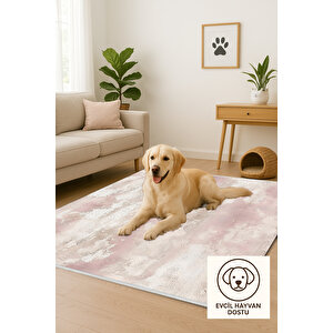 Pembe Ve Bej Renkli Eskitme Halı – Modern Ve Yumuşak Tonlarda Desen – Makinede Yıkanabilir, Pamuk Dokuma Taban, Evcil Hayvan Dostu, Kolay Temizlenebilir