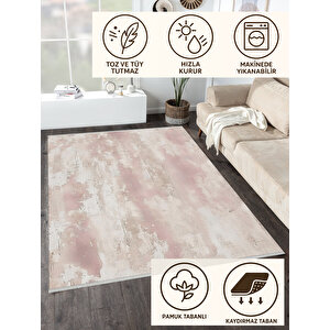 Pembe Ve Bej Renkli Eskitme Halı – Modern Ve Yumuşak Tonlarda Desen – Makinede Yıkanabilir, Pamuk Dokuma Taban, Evcil Hayvan Dostu, Kolay Temizlenebilir