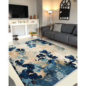 Mavi Ve Bej Renkli Floral Desenli Halı – Su Dalgasını Andıran Zarif Tasarım – Makinede Yıkanabilir, Toz Tutmaz, Pamuk Tabanlı 180x200 cm
