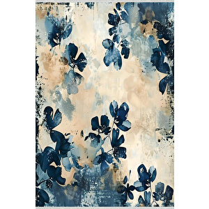 Mavi Ve Bej Renkli Floral Desenli Halı – Su Dalgasını Andıran Zarif Tasarım – Makinede Yıkanabilir, Toz Tutmaz, Pamuk Tabanlı 180x200 cm