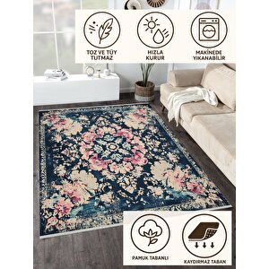 Lacivert Üzerine Pudra Çiçekli Klasik Halı – Makinede Yıkanabilir, Pamuk Tabanlı, Toz Tutmaz, Evcil Hayvan Dostu 160x180 cm