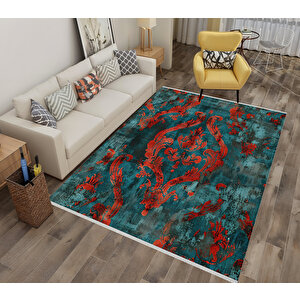 Kırmızı Ve Zümrüt Damask Halı – Klasik Desen – Pamuk Dokuma, Yıkanabilir, Evcil Dostu 200x220 cm