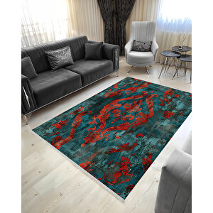 Kırmızı Ve Zümrüt Damask Halı – Klasik Desen – Pamuk Dokuma, Yıkanabilir, Evcil Dostu 200x220 cm