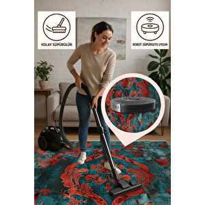 Kırmızı Ve Zümrüt Damask Halı – Klasik Desen – Pamuk Dokuma, Yıkanabilir, Evcil Dostu