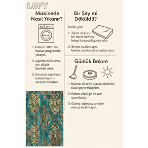 Turkuaz Ve Altın Renkli Damask Desenli Halı – Klasik Ve Gösterişli Tasarım – Makinede Yıkanabilir, Pamuk Dokuma Taban