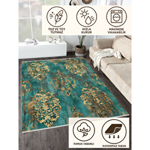 Turkuaz Ve Altın Renkli Damask Desenli Halı – Klasik Ve Gösterişli Tasarım – Makinede Yıkanabilir, Pamuk Dokuma Taban