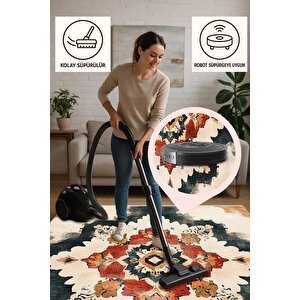 Kiremit Ve Lacivert Medallion Halı – Zamansız Renk Uyumu Ve Eskitilmiş Dokular – Makinede Yıkanabilir, Tüy Tutmaz, Pamuk Dokuma Tabanlı