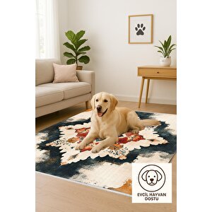 Kiremit Ve Lacivert Medallion Halı – Zamansız Renk Uyumu Ve Eskitilmiş Dokular – Makinede Yıkanabilir, Tüy Tutmaz, Pamuk Dokuma Tabanlı