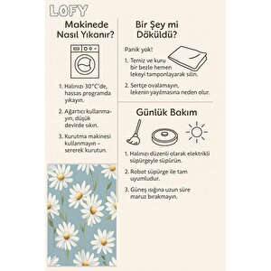 Mavi Zeminli Papatya Desenli Halı – Yıkanabilir, Pamuk Dokuma, Tüy Tutmaz, Evcil Hayvan Dostu