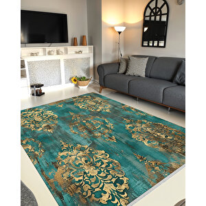 Turkuaz Ve Altın Renkli Damask Desenli Halı – Klasik Ve Gösterişli Tasarım – Makinede Yıkanabilir, Pamuk Dokuma Taban 180x200 cm